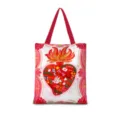 Vue détaillée du sac fourre-tout en toile avec illustration de cœur et anses rouges. - Romantisme Vertical 08 - Sangle Rouge
