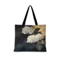 Sac cabas en toile hortensia noir et or style rétro chinois, sac d'épaule à motif artistique. - Version Horizontale 01 (Sangle Noire) / Coton Lin Impression Double Face Fermeture Éclair Poche Intérieure / Noir