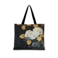 Vue de détail en gros plan du sac fourre-tout en toile à motif hortensia noir et or. - Version Horizontale 02 (Sangle Noire) / Coton Lin Impression Double Face Fermeture Éclair Poche Intérieure / Noir