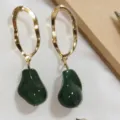 Minimalist geometric hollow earrings with dark green baroque drop pendants for daily wear - Green