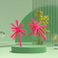 Detailed shot of bold pink starburst metal earrings, vibrant geometric studio backdrop display. - Rose Red