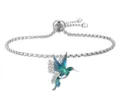 Silver hummingbird daisy adjustable bracelet, elegant enamel bird charm for daily wear. - Bracelet