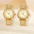 Close-up of exquisite gold watch-shaped stud earrings featuring detailed Roman numeral dials. - Stud Earrings / Golden Yellow