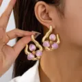 Gold irregular enamel flower earrings, elegant purple floral stud earrings for women daily wear. - Light Purple