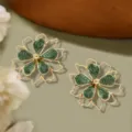 Detailed view of sweet green oil drop flower earrings featuring a double hollow design. - Green