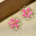 Sweet pink oil-drop flower stud earrings minimalist hollow double-layer metal ear jewelry - Rose Red