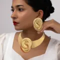Fashion vintage geometric twisted metal choker necklace and statement earrings set for women. - Set A Golden