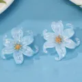 Clear acrylic iridescent flower earrings detail view showing lovely petal shine and gold center. - Sky Blue