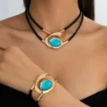 Bohemian spiral turquoise stone necklace and bracelet jewelry set for women fashion accessories - Imitation Turquoise Golden