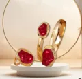 Gold irregular baroque red imitation pearl ring bracelet set, stylish vintage jewelry. - Red