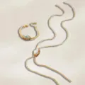 French fashion baroque pearl Y-necklace and bracelet jewelry set in elegant gold snake chain. - Necklace + Bracelet / Gold