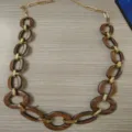 Vintage wooden texture and metallic link statement necklace, elegant chunky jewelry for women. - Long Necklace / Brown