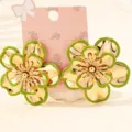 Chic gold-tone metallic floral statement earrings with green enamel edges for women fashion. - Yellow-Green