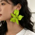 Oversized green floral stud earrings, geometric pleated enamel flower jewelry for women. - Tender Green
