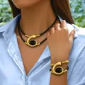 Bohemian spiral metal black gemstone necklace bracelet set, gold and black variant - Turmeric
