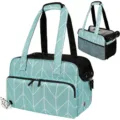 Vista dettagliata della borsa traspirante per animali con motivo geometrico e tasche a rete. - 43x20.5x30cm / Reticolo Blu Menta