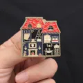 Detailed view of creative haunted house enamel pin, spooky metal brooch for clothing bags decor - Spooky Haunted House (D15-6-630) / Single Piece