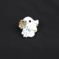 Cute ghost enamel pin detail showing white ghost figure holding colorful rhinestone flower bouquet. - Ghost with Flower and Rhinestone (D13-1-379) / 1 Piece