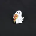 Close up of a cute ghost enamel pin holding pizza, perfect for decorating bags and clothes. - Pizza Eating Ghost (D14-5-521) / 1 Piece