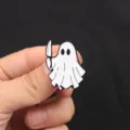 Creative ghost enamel pin detail shot, showing the spooky little ghost brooch with a knife. - Ghost with Knife (D11-2-208) / Single Piece