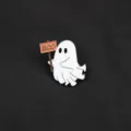 Creative ghost enamel pin detail, cute white ghost brooch accessory for bags and clothes. - Ghost with BOO Sign (D11-1-201) / Single Piece