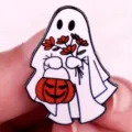 Cute Ghost Enamel Pin Halloween Pumpkin Flower Brooch Badge Clothing Accessory Gift - Ghost with Pumpkin and Flower (C19-3-841) / Single Piece