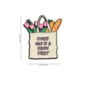 Detailed view of the cute shopping bag enamel pin featuring tulips, baguettes and inspiring text. - Tulip Baguette Shopping Bag (E14-1-464)
