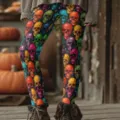 Leggings stampati con teschio colorato da donna, pantaloni fitness yoga per Halloween. - 3XL / Parte Inferiore (Stile 5)