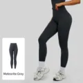 Donna vita alta colore unito leggings da yoga aderenti effetto nudo fitness set sportivo - Taglia S / Pantaloni e gonne / Grigio Meteorite