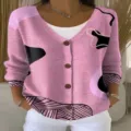 Pink V-neck button long sleeve knit cardigan sweater with abstract print for women - XS / Tops / Pink Abstract Geometric Print