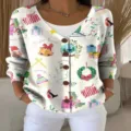 Christmas V-neck long sleeve button cardigan sweater with festive all-over 3D holiday print. - XS / Tops / White Christmas Holiday Elements Print