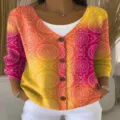 Gradient Print V-Neck Long Sleeve Button Cardigan Casual Fashion Women Sweater Outerwear - XS / Tops / Orange Pink Yellow Gradient Geometric Print