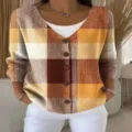 Women's V-neck button long sleeve plaid sweater casual knit top for daily autumn wear - Orange Brown Plaid Print