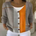 Dames V-hals Lange Mouw Colorblock Vest Knopen Gestreepte Gebreide Trui Mode Top - XS / Stijl 2 (Contrastkleuren print)