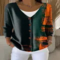 Dames V-Hals Lange Mouw Colorblock Knoop Cardigan Trui 3D Print Losse Casual Gebreide Kleding - XS / Stijl 3 (3D abstracte kunstprint)