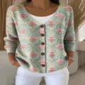 Dames casual V-hals knoop lange mouw 3D bloemen print gebreid vest trui bovenkleding. - XS / Tops / Blauwgroene Bloemenprint
