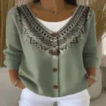 Dames lichtgroene V-hals knoop lange mouw gebreide cardigan trui met retro print. - Stijl 5 (Lichtgroen vintage print)