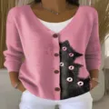 Roze V-hals cardigan trui voor vrouwen, schattige 3d zwarte kat print lange mouw gebreide top - XS / Tops / Roze Kitty