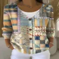 Damen V-Ausschnitt Knopf Langarm 3D Druck Strickjacke Pullover, stilvoller loser Cardigan. - XS / Oberteile / Stil 1