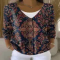Dames V-Hals Lange Mouw Vintage Bloemen Print Knoop Blouse Casual Elegante Top Blauw - Retro Bloemen