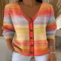 Bunt gestreifter V-Ausschnitt Langarm Knopf Cardigan Pullover für Damen Herbst Winter Strickware - XS / Oberteile / Stil 2