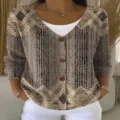 Damen V-Ausschnitt Knopf Langarm Strickjacke geometrischer 3D-Druck modischer Pullover - XS / Oberteile / Stil 3