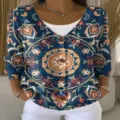 Damen V-Ausschnitt Langarm Blumen Druck Knopf Cardigan Blau Freizeit Sweatshirt Top - XS / Oberteile / Stil 4