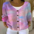 Damen V-Ausschnitt Langarm Knopf Cardigan Bunt 3D Druck Lässig Lose Strickjacke Oberteil - Stil 5