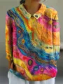 Camicia maniche lunghe con risvolto stampa astratta 3D colorata da donna top elegante primavera - XS / Top / Stampa d'arte astratta multicolore