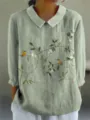 Lässige Damen Langarm Bluse mit Reverskragen und elegantem Vogel- und Zweig-Druck in Salbeigrün. - XS / Oberteile / Stil 2