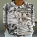 Women black and white geometric print long sleeve casual lapel blouse top fashion - Top (Black And White Geometric Stripe Style-E592)