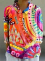 Damen abstrakter Druck langarm Revers Bluse, bunte Freizeit trendige Frühling Herbst Oberteil - XS / Oberteile / Alphabetischer Künstlerischer Graffiti-Druck