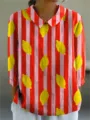 Damen Rot Rosa Gestreift Zitronen Druck Langarm Revers Hemd Freizeit Frühling Herbst Top - XS / Oberteile / Stil 3