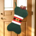 Large green knitted bone Christmas stocking gift bag with classic Santa belt for holiday decor. - Green